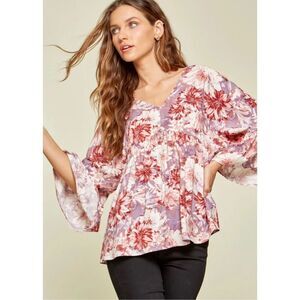 Andre by Unit pink floral flare sleeve babydoll blouse sz 1X womens feminine dai